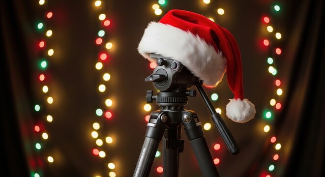 Christmas Santa hat on camera tripod in photography studio with glowing festive lights
