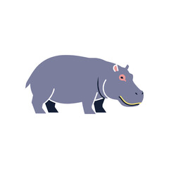 Cartoon hippopotamus illustration in a simple flat design style on white background.