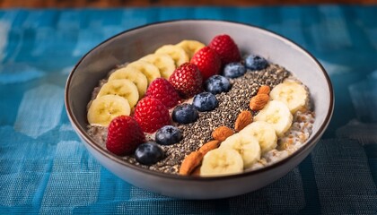 a stunning and vibrant cinematic photo of a vegan breakfast bowl filled with creamy oatmeal mixed berries chia seeds and sliced bananas brightly and colorfully presented