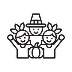 Pilgrims and native americans celebrating thanksgiving with a pumpkin illustration