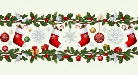 Festive christmas garland with stockings ornaments gifts and decorations