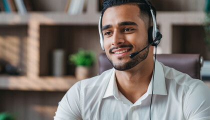 Smiling man wearing headset in a modern office environment