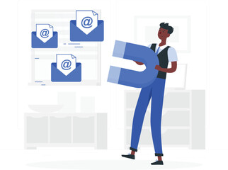 Man holding large blue letter S with envelopes and symbols person blue pants white shirt black vest