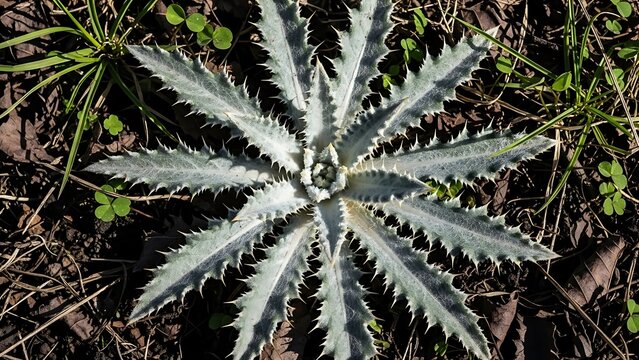 A close up view of a silver agave plant with spiky leaves and green foliage - Powered by Adobe