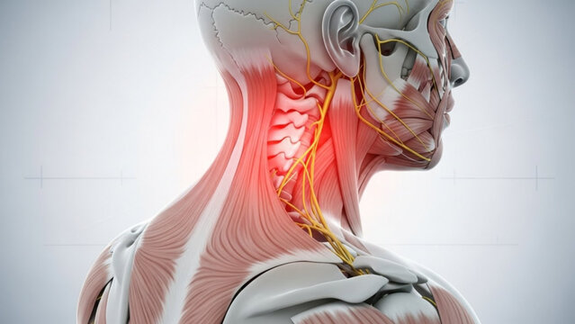 Human neck anatomy with highlighted nerves and spinal cord in profile view