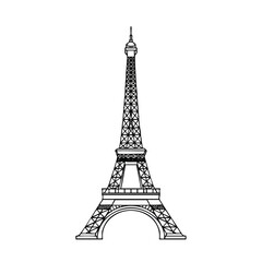 Minimalist 2D vector illustration of the iconic Eiffel Tower in Paris, France, featuring clean black lines isolated against a bright white background.