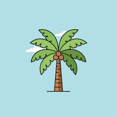 A cartoon palm tree with green leaves and orange coconuts against a light blue background with a small white cloud.