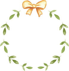 Green Leaf Watercolor Wreath with Yellow Bow