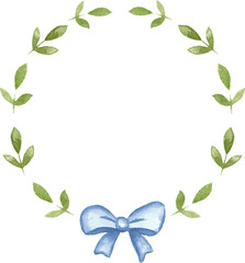 Green Botanical Watercolor Wreath with Blue Bow