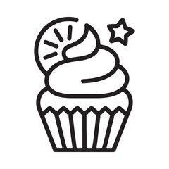A simple black and white line drawing of a decorated cupcake and star