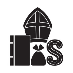 A black and white image depicting a bishop s mitre book and bag