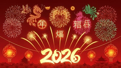 Vibrant 2026 fireworks display with dragon, lanterns, and chinese characters on red background for festive celebration