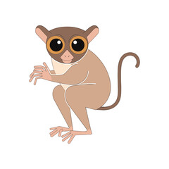 Cute cartoon tarsier primate with big eyes sitting down.
