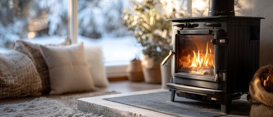 Modern house interior with stove by large window showing winter landscape and warm fire scene