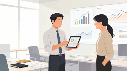 Office workers discussing data on tablet