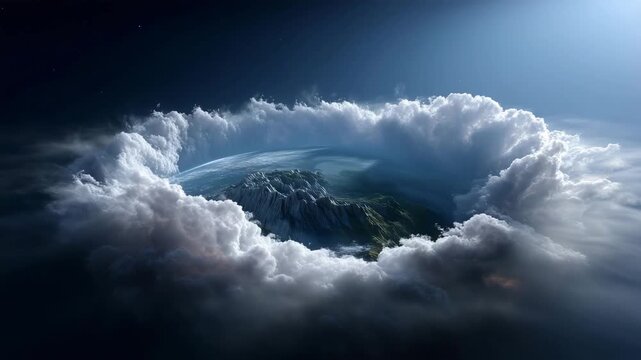 3D scene of planet Earth floating in deep space, partially wrapped in thick, soft white clouds that form a dramatic circular motion around the globe
