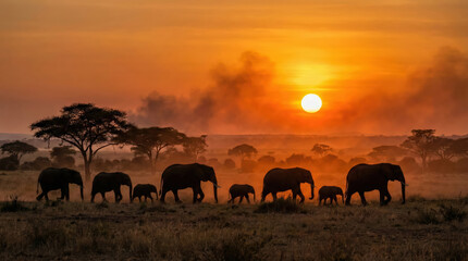 Fototapeta premium Famille d'éléphants d'Afrique marchant dans la poussière au coucher du soleil