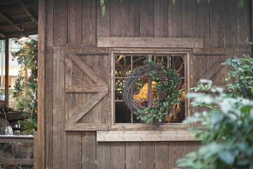 Window with Christmas, New Years decorations.