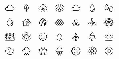 Weather Forecast Symbols, Climate Icons, and Eco-Friendly Graphics in Simple Line Art Style for Modern Design Needs
