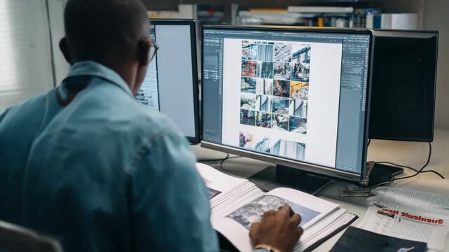 Printed media coordinator reviewing magazine ad proofs on a computer screen ensuring color accuracy and layout consistency with sample pages nearby.