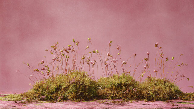 A cluster of delicate moss with tiny flower buds, set against a soft, pink background