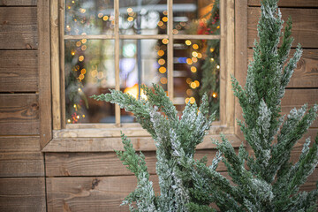 Window with Christmas, New Years decorations.