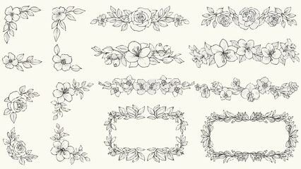 Elegant Floral Ornaments and Borders Hand Drawn Sketch Style.