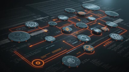 Technology icons flowing through a data network with code overlay - Powered by Adobe