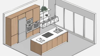 Modern Kitchen Island with Integrated Appliances and Sleek Cabinetry.