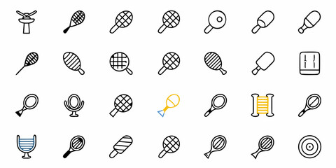 Various Tennis Racket and Badminton Icons in Black and Yellow on White Background