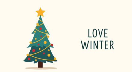 A simple and charming illustration of a decorated Christmas tree with a golden star on top, expressing the sentiment 'Love Winter'.