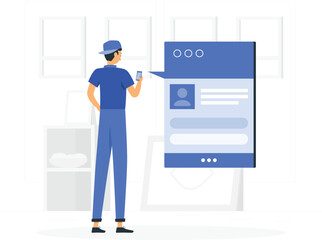 Man in blue clothes holding phone with large chat bubble speech bubble d