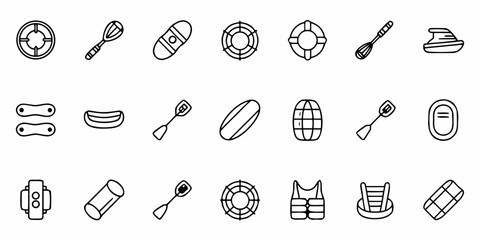 Beach Vacation Line Icons Set, Summer Elements, Lifesavers, Flippers, Snorkeling Gear, and More Symbols