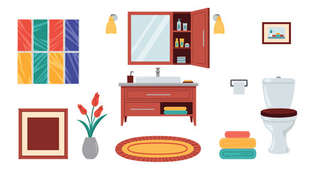 A comprehensive set of modern bathroom furniture and accessories, including a vanity, toilet, mirror, rug, and towels for interior design.
