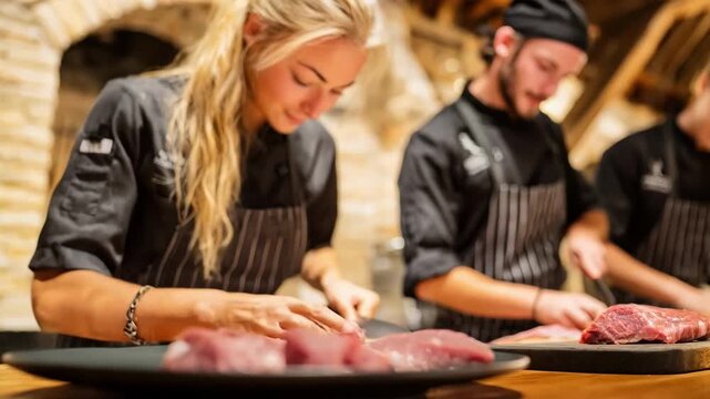 Medium shot of apprentices learning handson meat cutting skills in a traditional butcher shop environment.