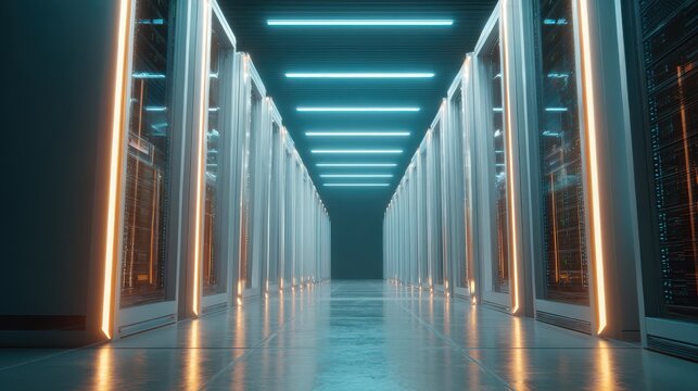 Futuristic Data Center Corridor with Glowing Lights and Modern Server Racks in a High-Tech Environment for Technological Imagery - Powered by Adobe
