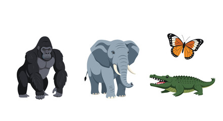 Naklejka premium A collection of realistic and detailed illustrations of wild jungle animals, including a gorilla, elephant, crocodile, and a butterfly.