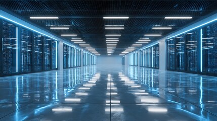 Futuristic Data Center with Reflective Floor and Blue Neon Lights, Highlighting Technology and Digital Infrastructure in Modern IT Environment