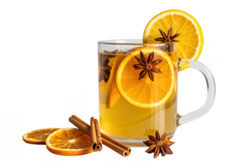 Glass mug with orange slices and spices isolated on a transparent background