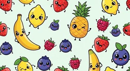 Cheerful fruit pattern illustration with various happy smiling characters