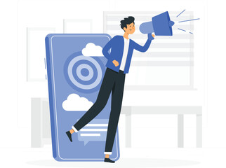 Man in blue jacket holding megaphone standing next to large smartphone with clouds and target