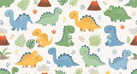 Fototapeta premium Colorful dinosaur pattern design with volcanoes and foliage elements