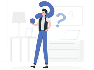 Man in blue jeans and black vest holding blue question mark in office setting desk lamp