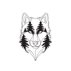 Minimalist Wolf Head with Forest Pine Trees Line Art Vector Illustration