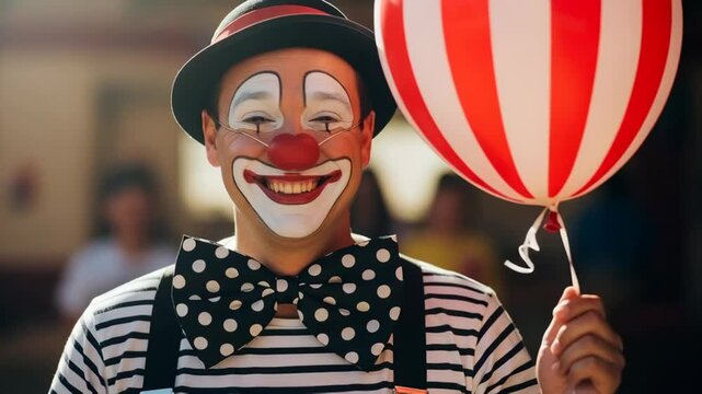 Happy man clown smiling and holding a red balloon as he entertains children during a fun outdoor event