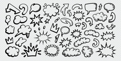 Sketch underline, emphasis, arrow shape set. Hand drawn brush stroke, highlight, speech bubble, underline, sparkle element. Vector illustration.