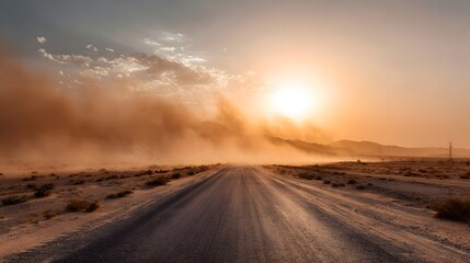 Dust Storm Engulfs Desert Road at Sunset.