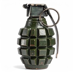 Obraz premium Close-up of a green, textured explosive device on a white background