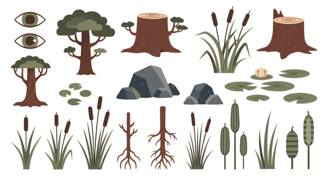 Collection of flat vector illustrations depicting various forest and swamp elements like trees, stumps, rocks, and reeds for design.