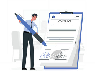 Man in business attire holding large pen signing contract document on clipboard